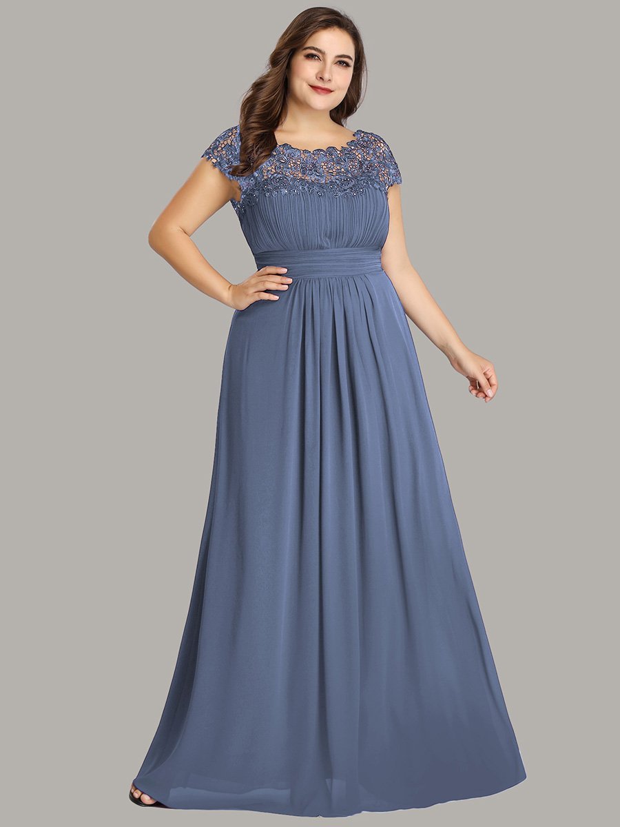 Color=Dusty Navy | Lacey Neckline Open Back Ruched Bust Plus Size Evening Dresses-Dusty Navy 1