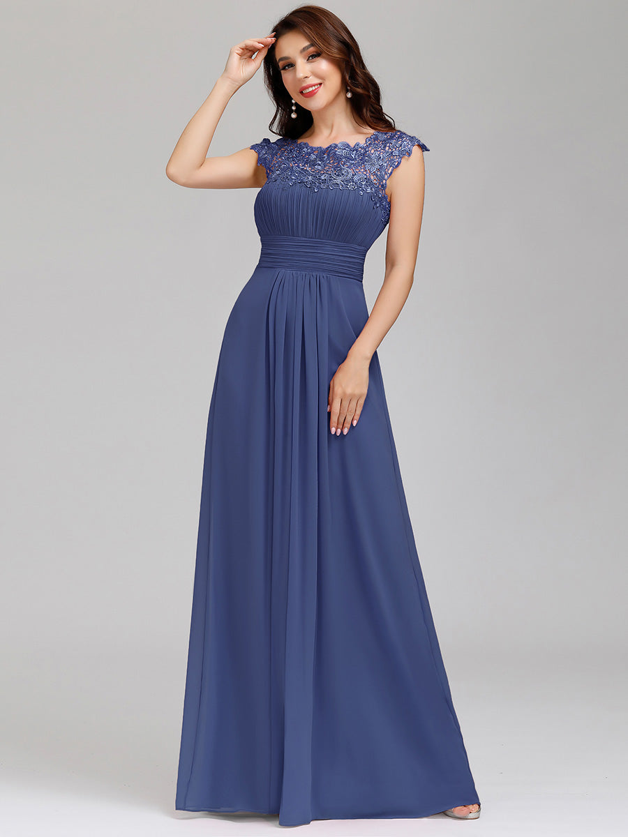 Color=Dusty Navy | lacey-neckline-open-back-ruched-bust-wholesale-evening-dresses-ep09993-2-Dusty Navy 4