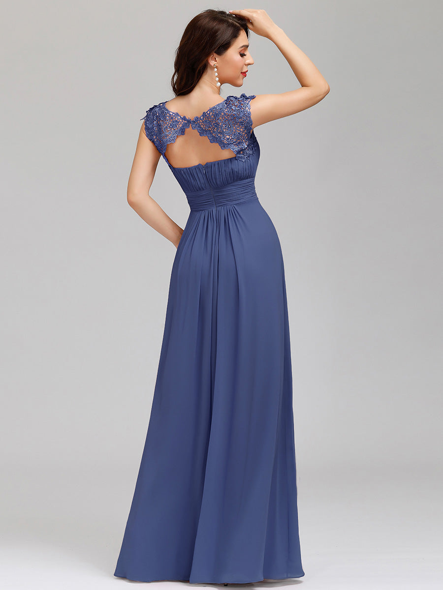 Color=Dusty Navy | lacey-neckline-open-back-ruched-bust-wholesale-evening-dresses-ep09993-2-Dusty Navy 2