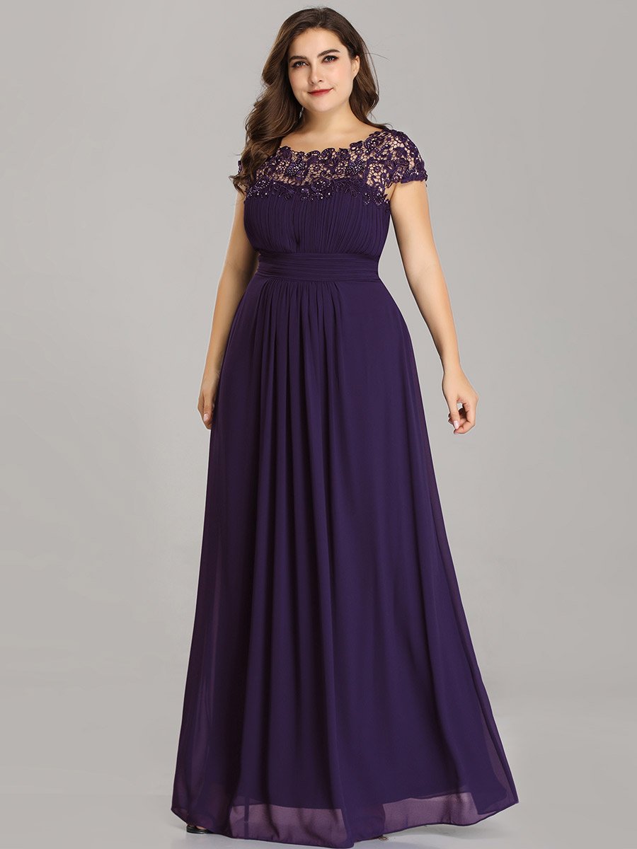 Color=Dark Purple | Lacey Neckline Open Back Ruched Bust Plus Size Evening Dresses-Dark Purple 3