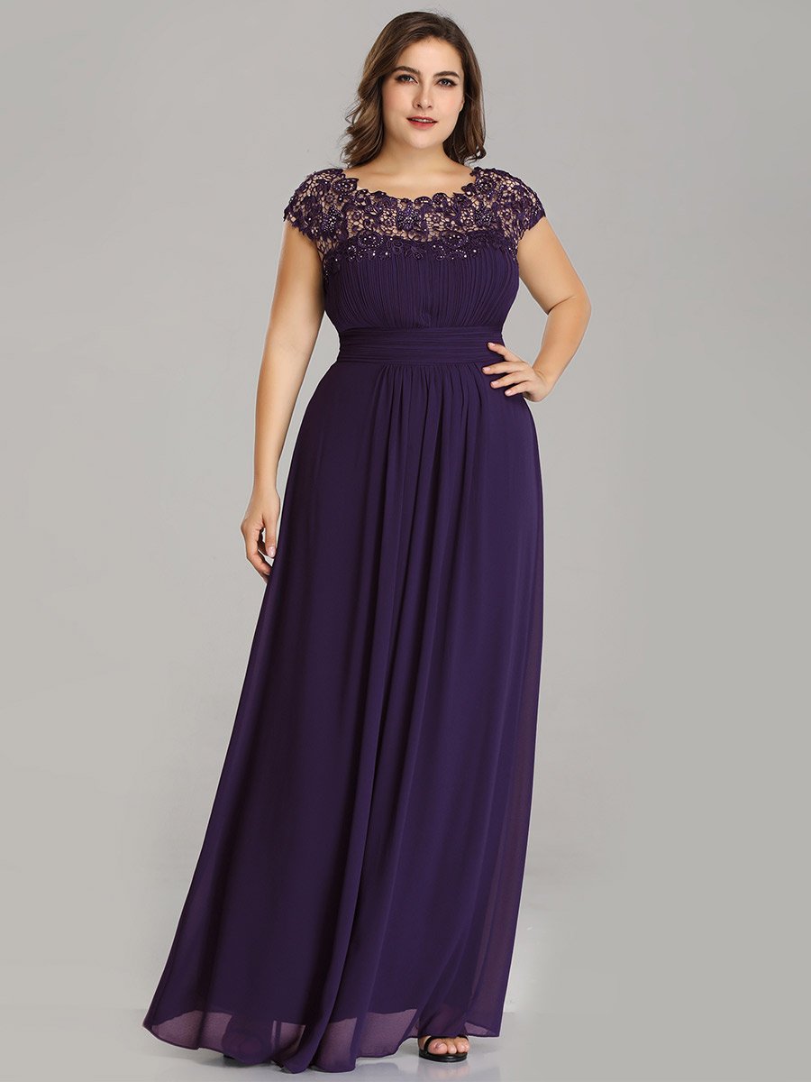 Color=Dark Purple | Lacey Neckline Open Back Ruched Bust Plus Size Evening Dresses-Dark Purple 4