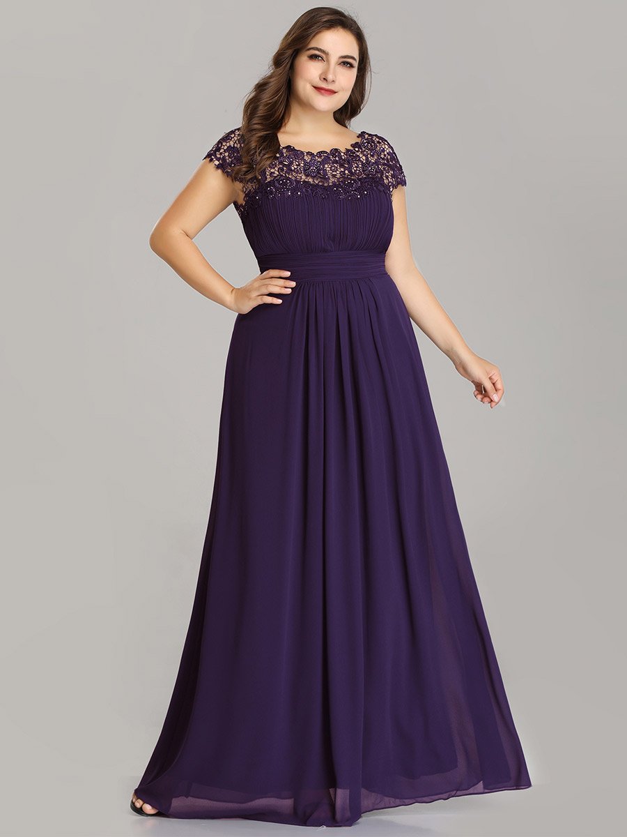 Color=Dark Purple | Lacey Neckline Open Back Ruched Bust Plus Size Evening Dresses-Dark Purple 1