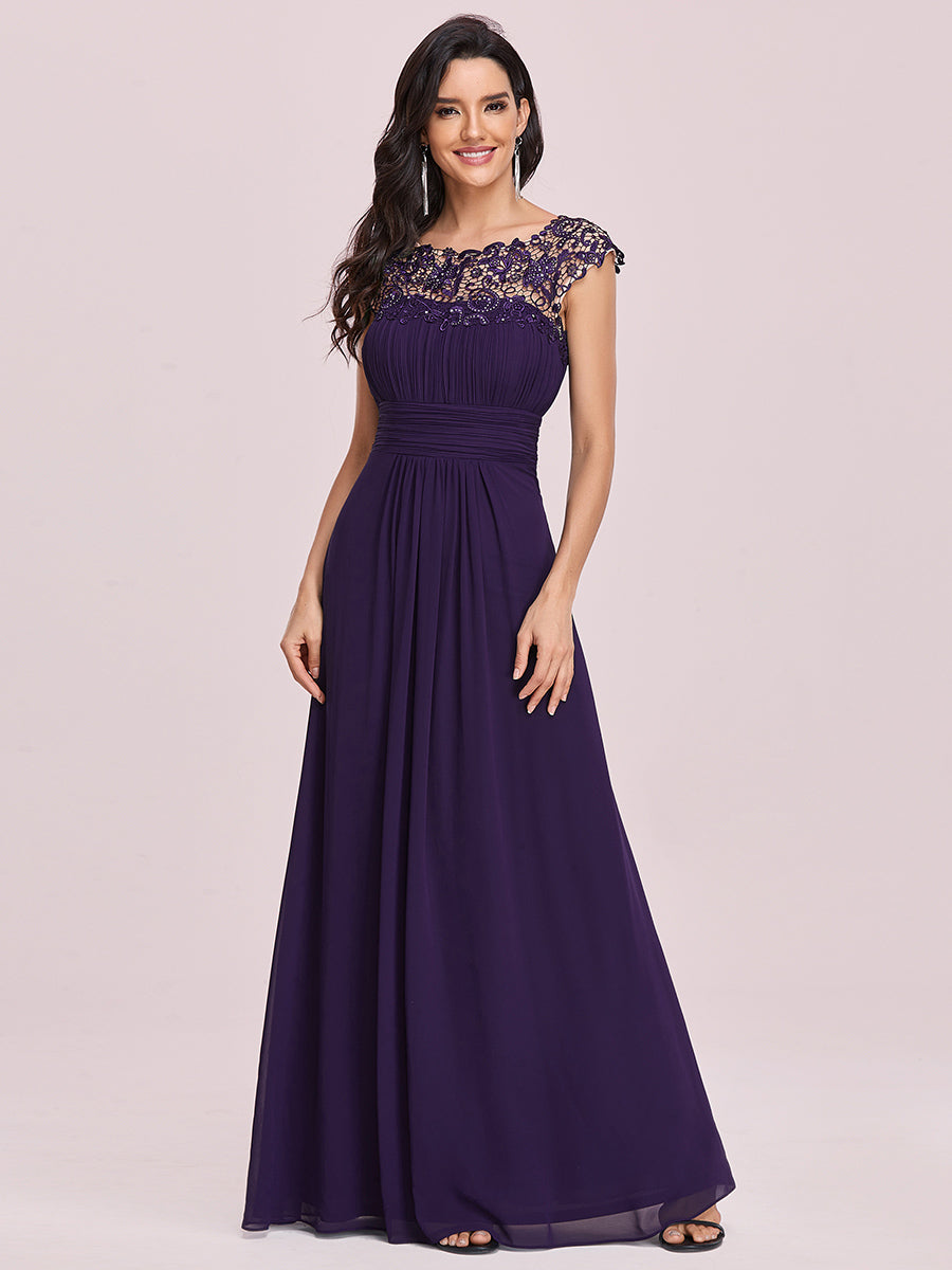 Color=Dark Purple | Lacey Neckline Open Back Ruched Bust Wholesale Evening Dresses-Dark Purple 1