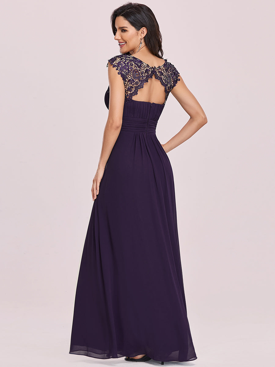 Color=Dark Purple | Lacey Neckline Open Back Ruched Bust Wholesale Evening Dresses-Dark Purple 2