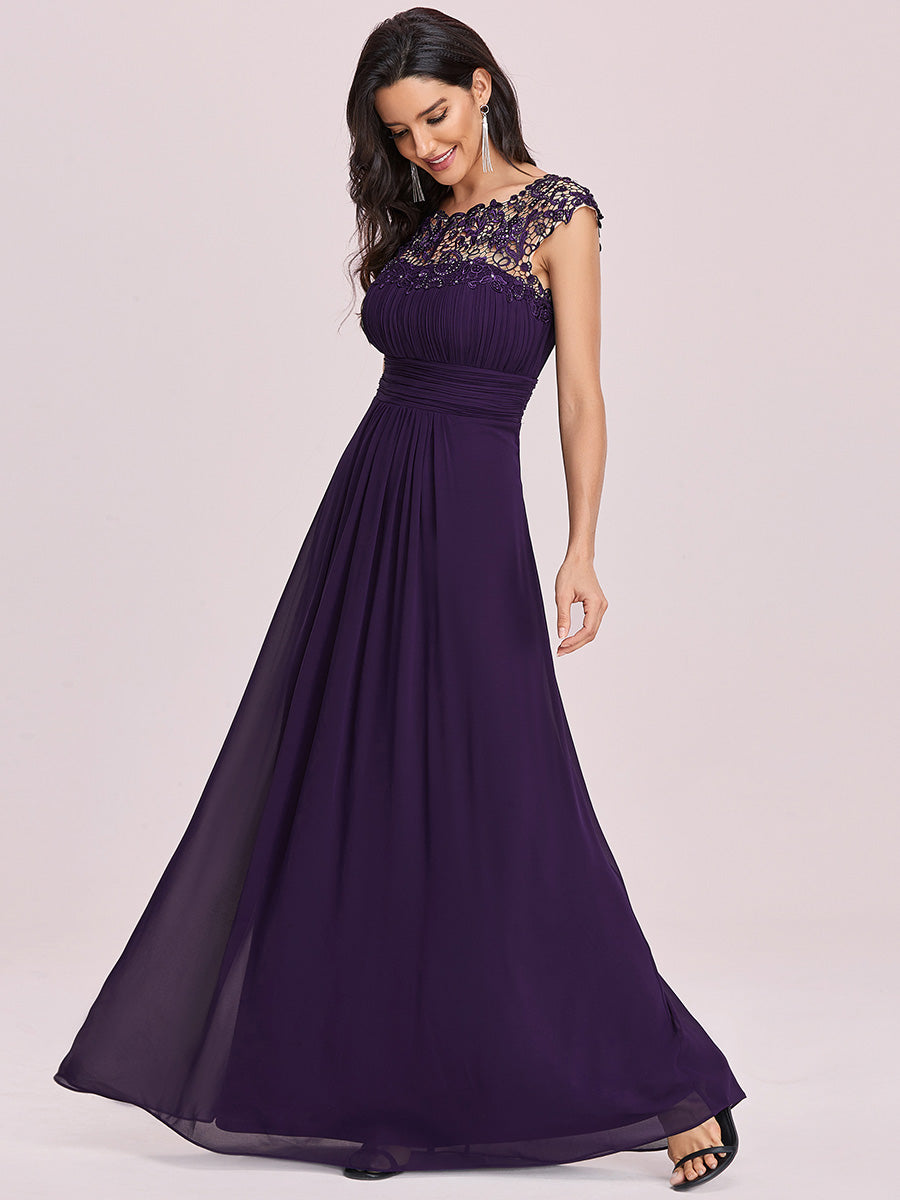 Color=Dark Purple | Lacey Neckline Open Back Ruched Bust Wholesale Evening Dresses-Dark Purple 3
