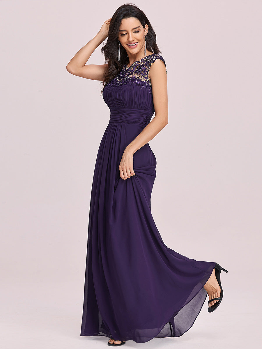 Color=Dark Purple | Lacey Neckline Open Back Ruched Bust Wholesale Evening Dresses-Dark Purple 4