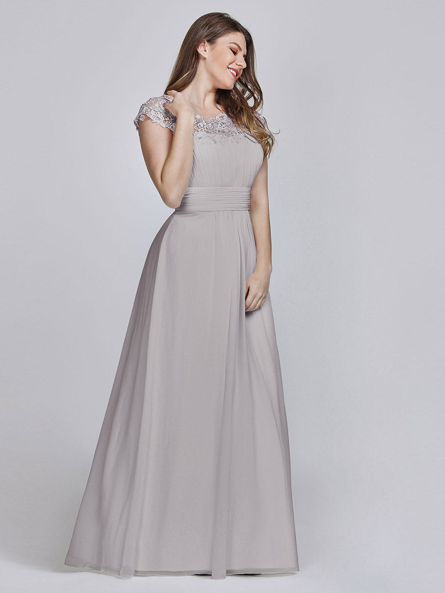 Color=Grey | Lacey Neckline Open Back Ruched Bust Wholesale Evening Dresses-Grey 8