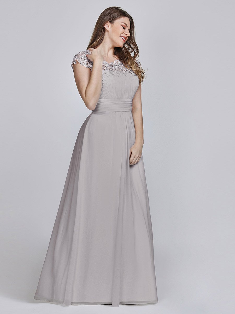 Color=Grey | Lacey Neckline Open Back Ruched Bust Plus Size Evening Dresses-Grey  7
