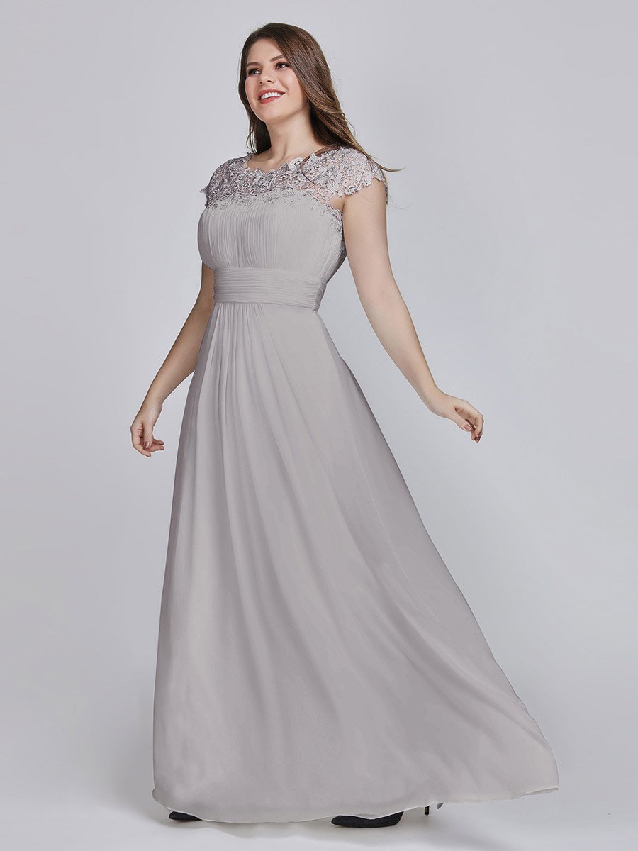 Color=Grey | Lacey Neckline Open Back Ruched Bust Plus Size Evening Dresses-Grey  8
