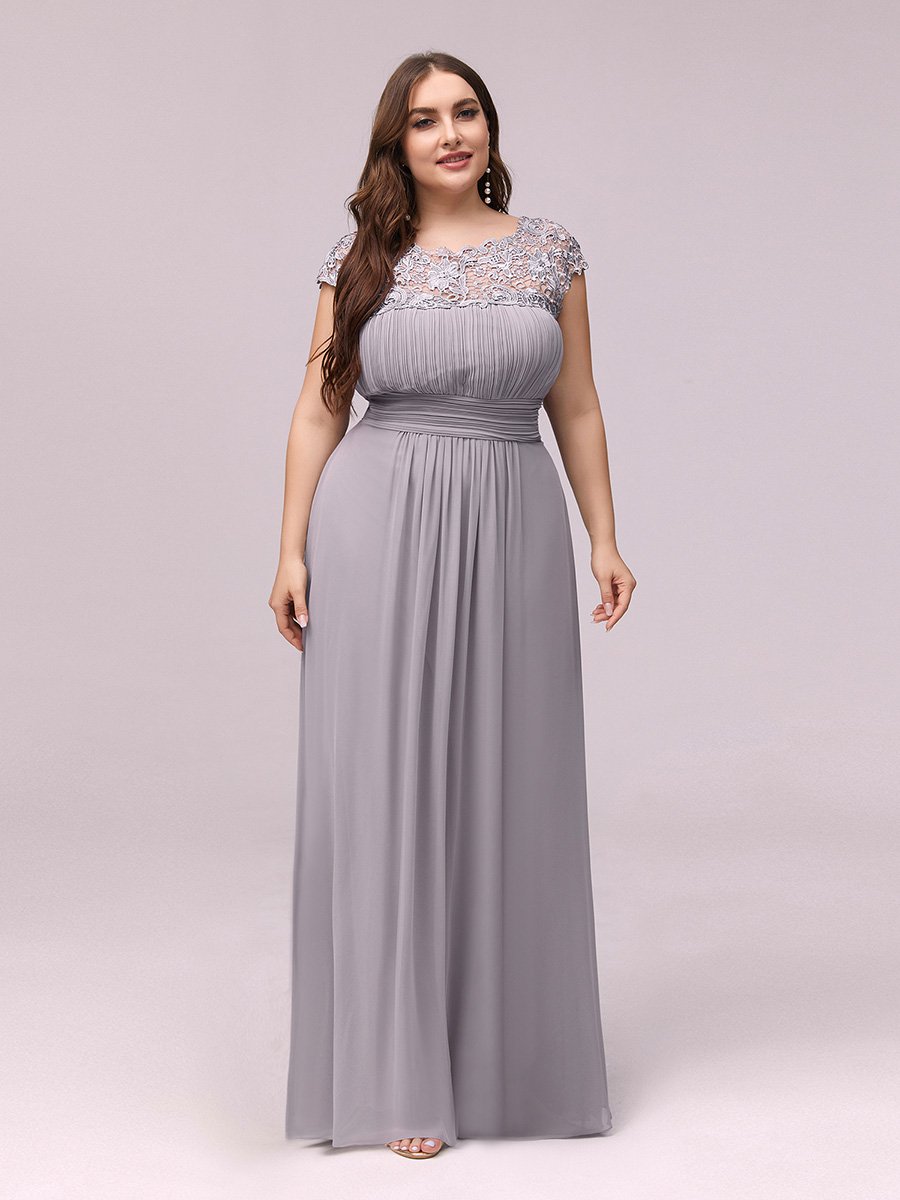 Color=Grey | Lacey Neckline Open Back Ruched Bust Plus Size Evening Dresses-Grey  5