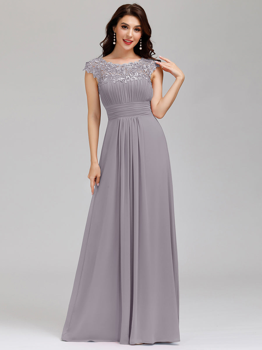 Color=Grey | Lacey Neckline Open Back Ruched Bust Wholesale Evening Dresses-Grey 4