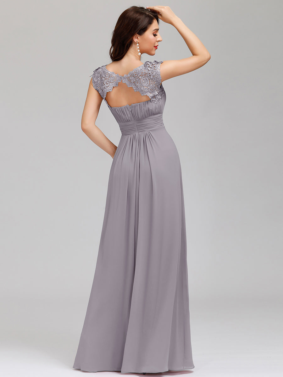 Color=Grey | Lacey Neckline Open Back Ruched Bust Wholesale Evening Dresses-Grey 5