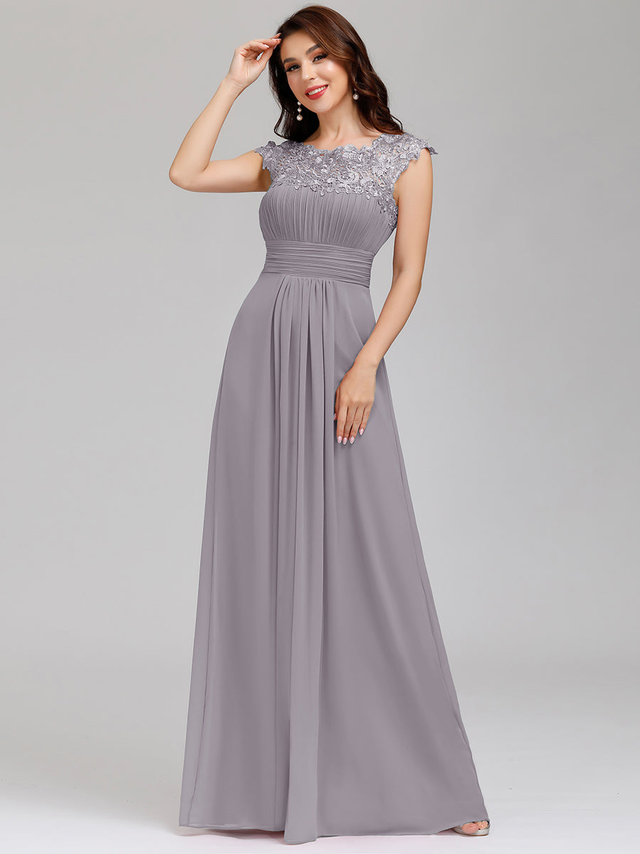 Color=Grey | Lacey Neckline Open Back Ruched Bust Wholesale Evening Dresses-Grey 6