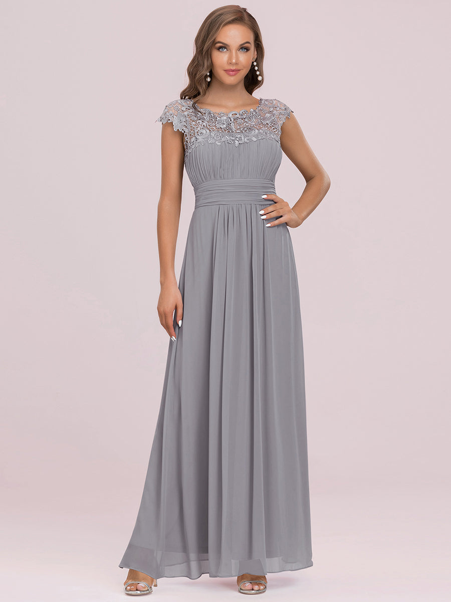 Color=Grey | Lacey Neckline Open Back Ruched Bust Wholesale Evening Dresses-Grey 11