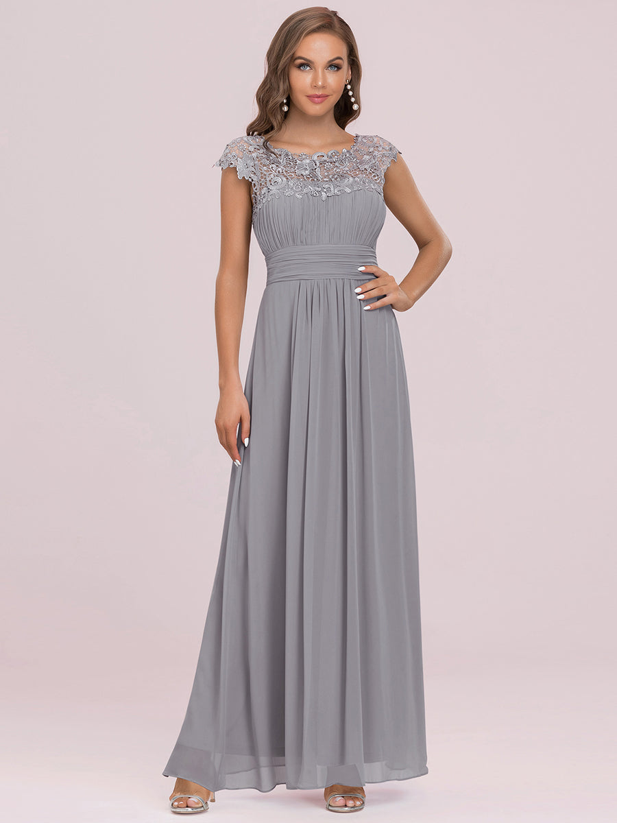 Color=Grey | Lacey Neckline Open Back Ruched Bust Wholesale Evening Dresses-Grey 11