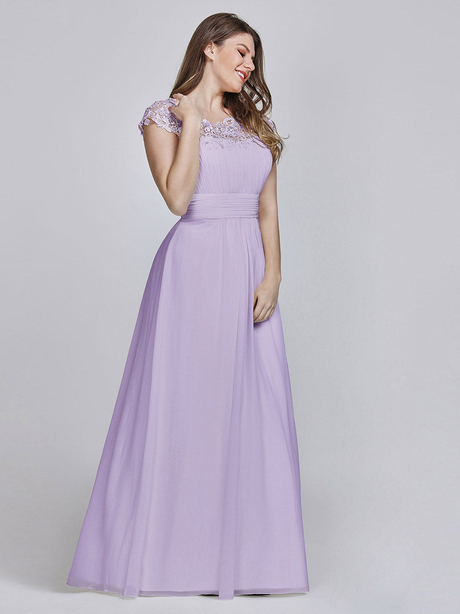 Color=Lavender | Lacey Neckline Open Back Ruched Bust Wholesale Evening Dresses-Lavender 6