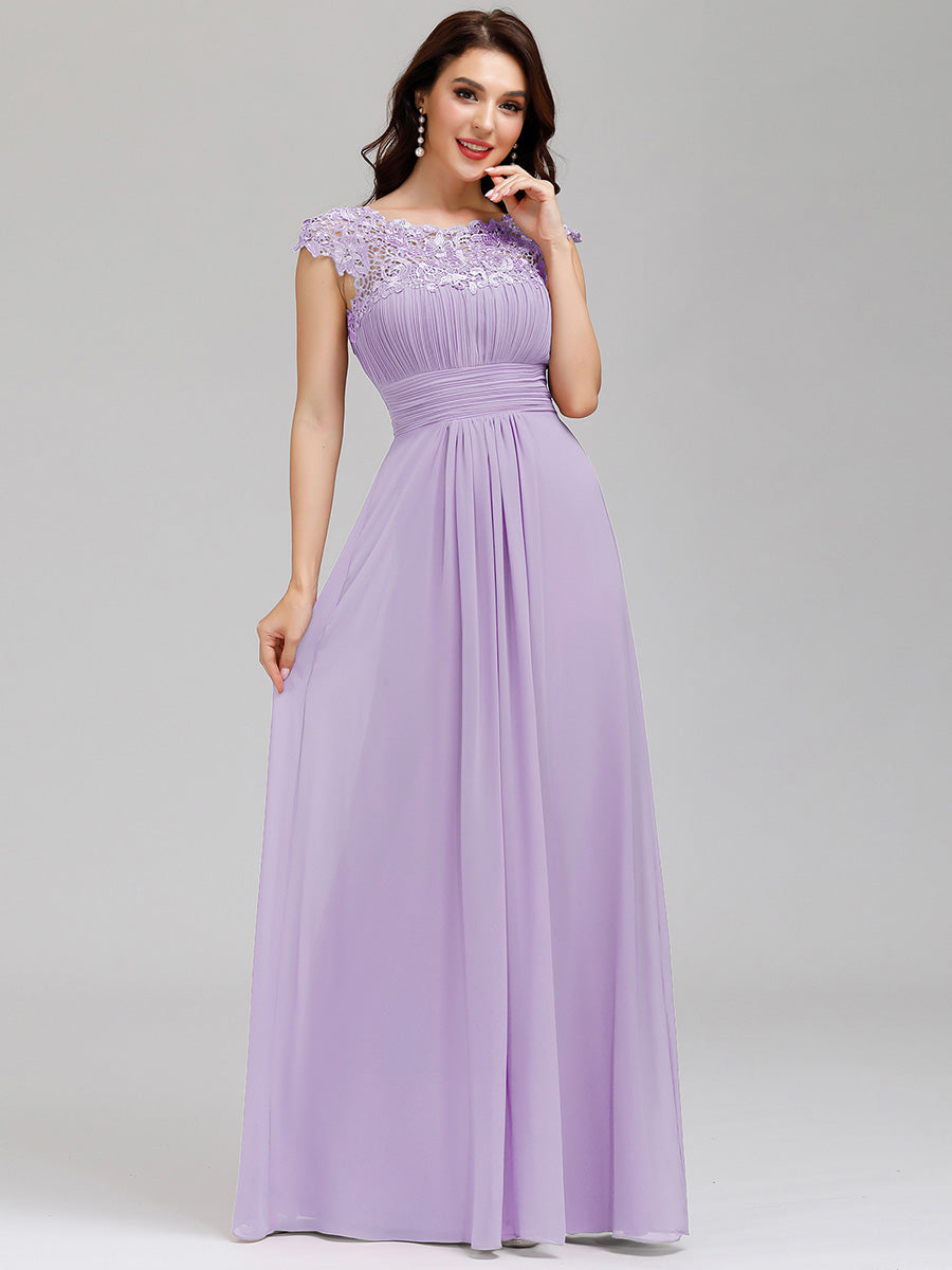 Color=Lavender | Lacey Neckline Open Back Ruched Bust Wholesale Evening Dresses-Lavender 3