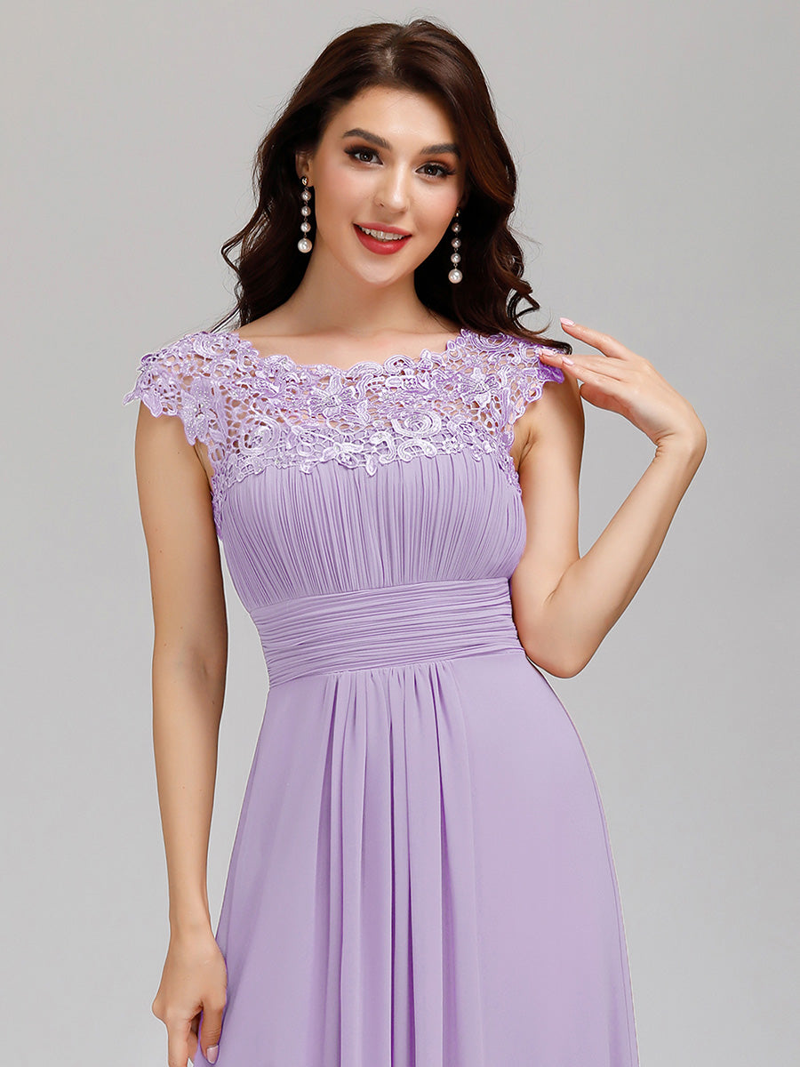 Color=Lavender | Lacey Neckline Open Back Ruched Bust Wholesale Evening Dresses-Lavender 5