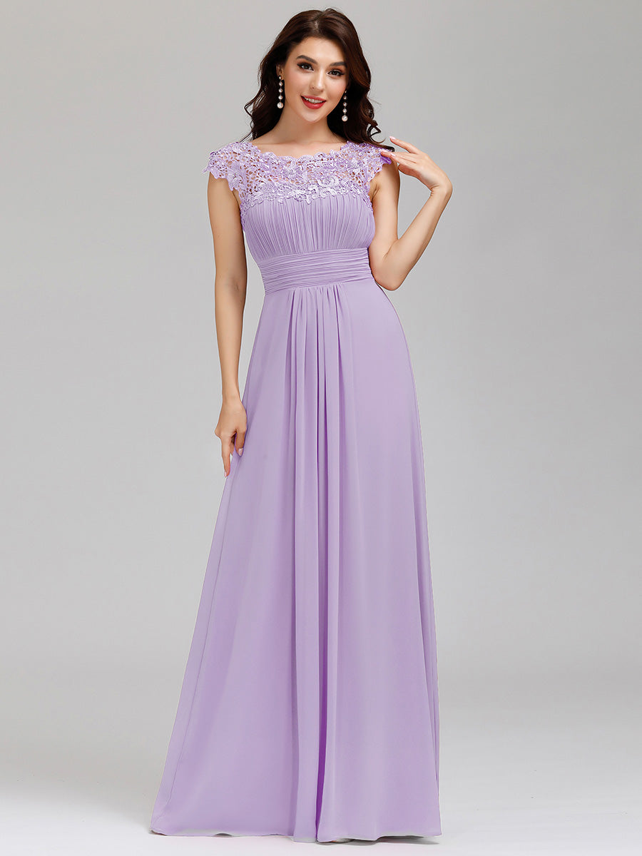 Color=Lavender | Lacey Neckline Open Back Ruched Bust Wholesale Evening Dresses-Lavender 1