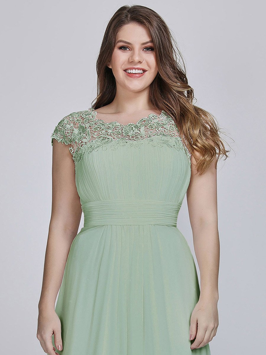 Color=Mint Green | Lacey Neckline Open Back Ruched Bust Plus Size Evening Dresses-Mint Green 6