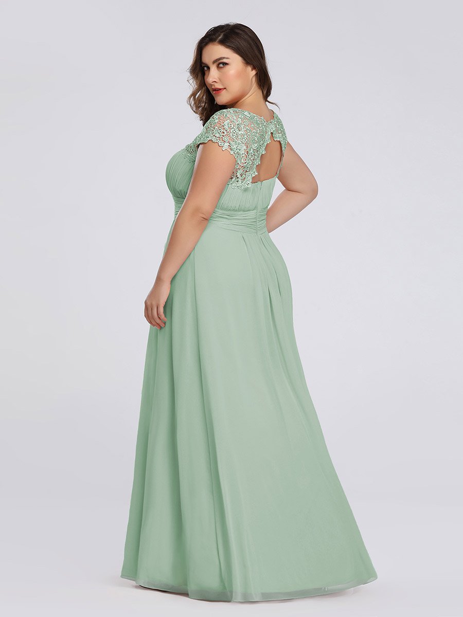 Color=Mint Green | Lacey Neckline Open Back Ruched Bust Plus Size Evening Dresses-Mint Green 2