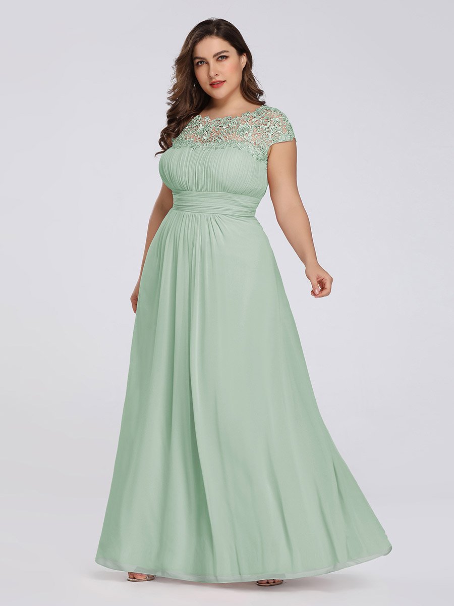 Color=Mint Green | Lacey Neckline Open Back Ruched Bust Plus Size Evening Dresses-Mint Green 1