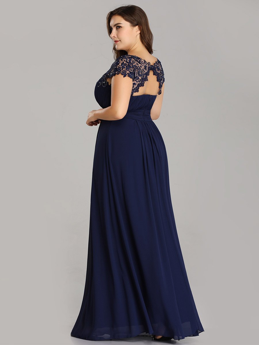 Color=Navy Blue | Lacey Neckline Open Back Ruched Bust Plus Size Evening Dresses-Navy Blue 2