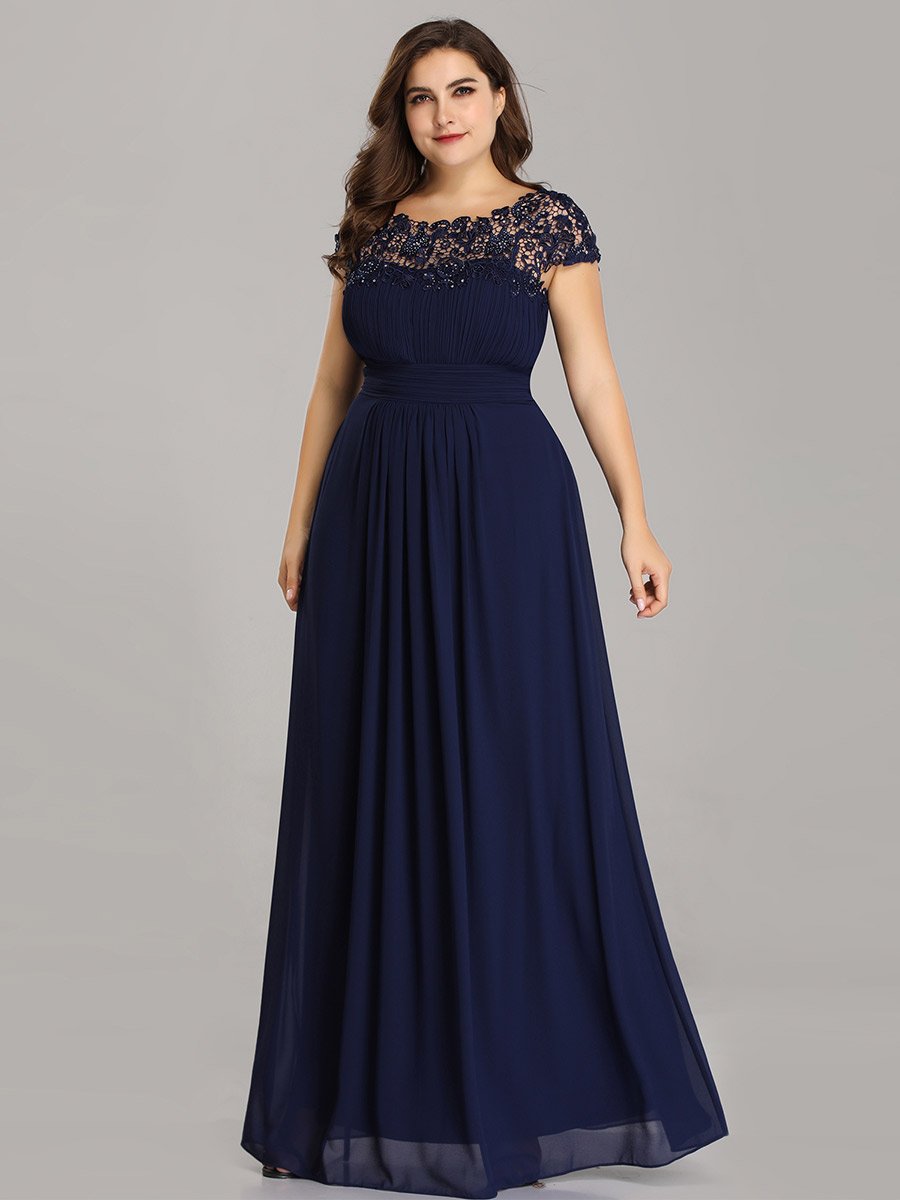 Color=Navy Blue | Lacey Neckline Open Back Ruched Bust Plus Size Evening Dresses-Navy Blue 3