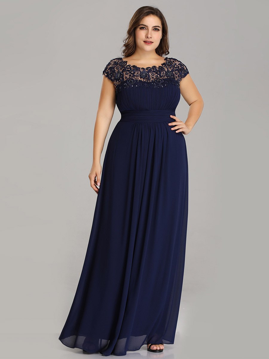 Color=Navy Blue | Lacey Neckline Open Back Ruched Bust Plus Size Evening Dresses-Navy Blue 4