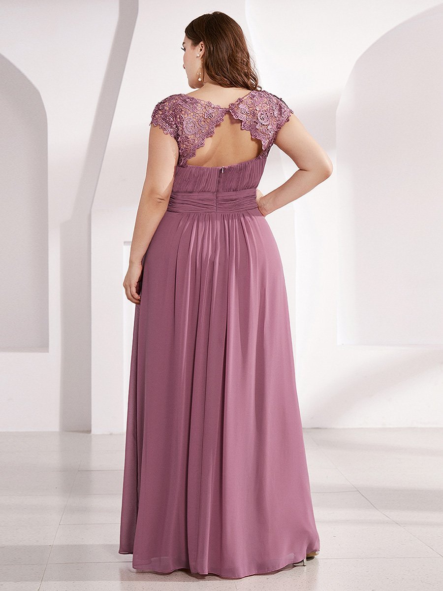 Color=Orchid | Lacey Neckline Open Back Ruched Bust Plus Size Evening Dresses-Orchid 2