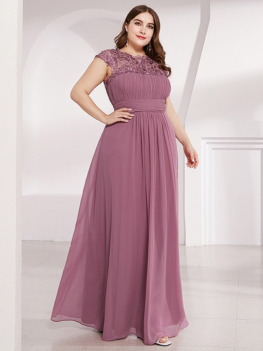 Color=Orchid | Lacey Neckline Open Back Ruched Bust Plus Size Evening Dresses-Orchid 3