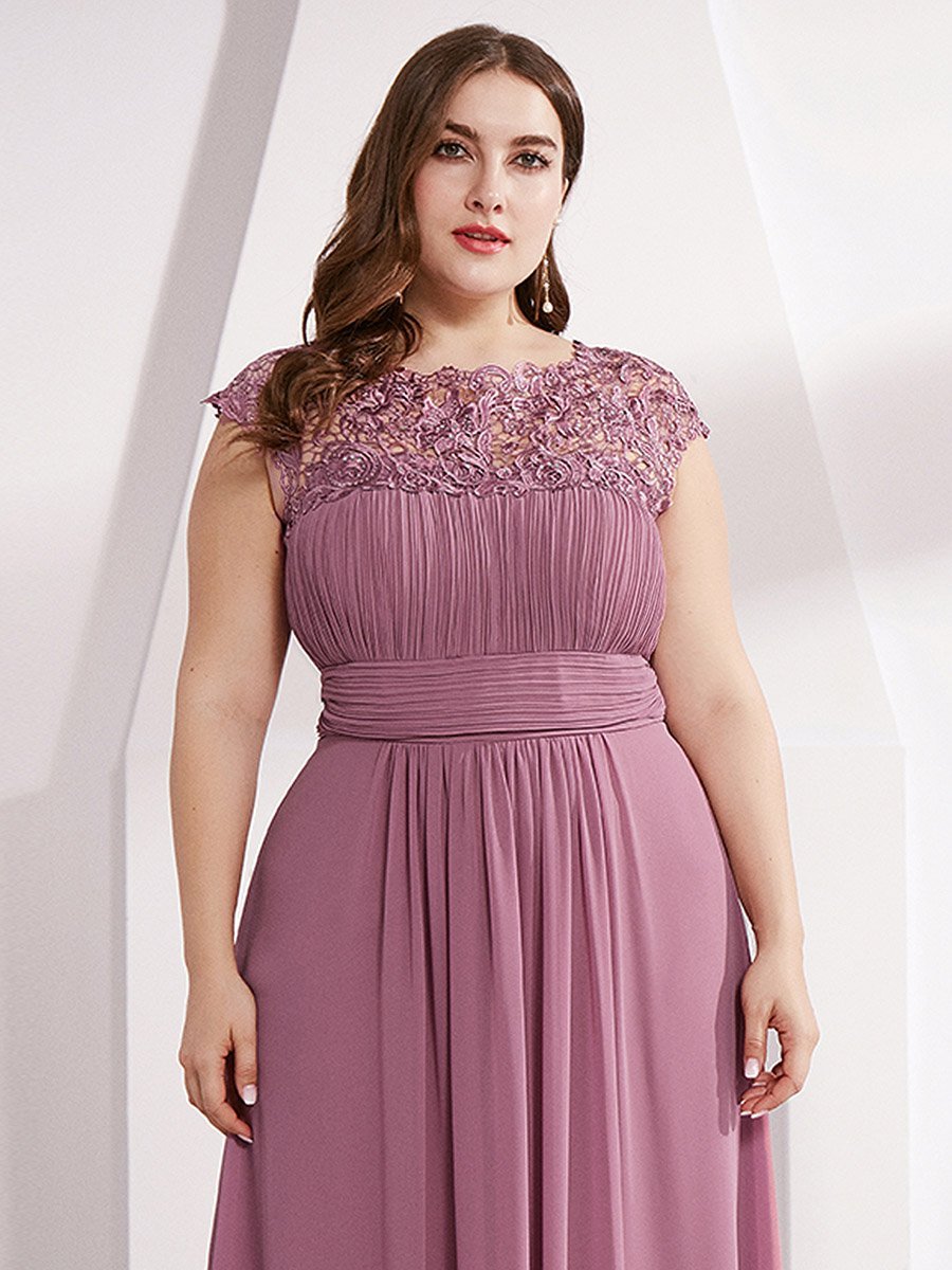 Color=Orchid | Lacey Neckline Open Back Ruched Bust Plus Size Evening Dresses-Orchid 5