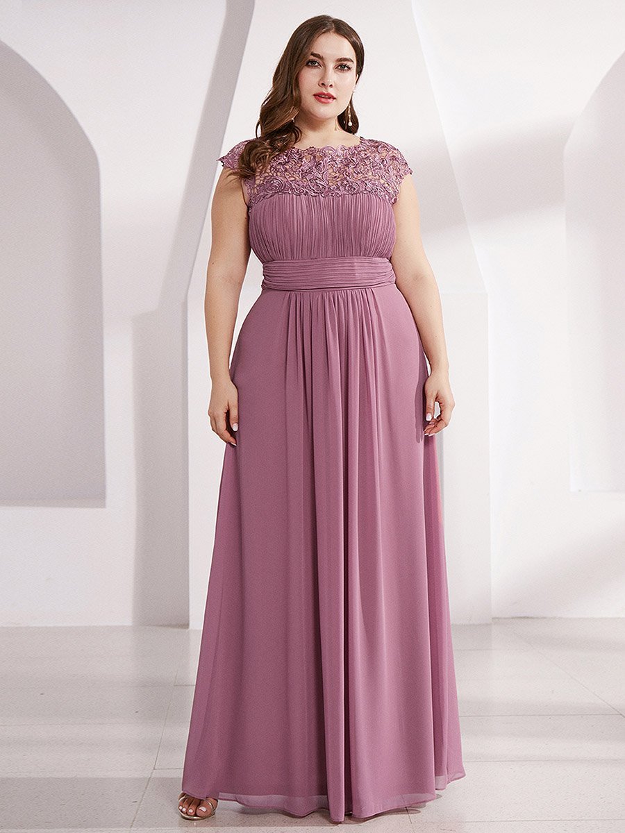 Color=Orchid | Lacey Neckline Open Back Ruched Bust Plus Size Evening Dresses-Orchid 1