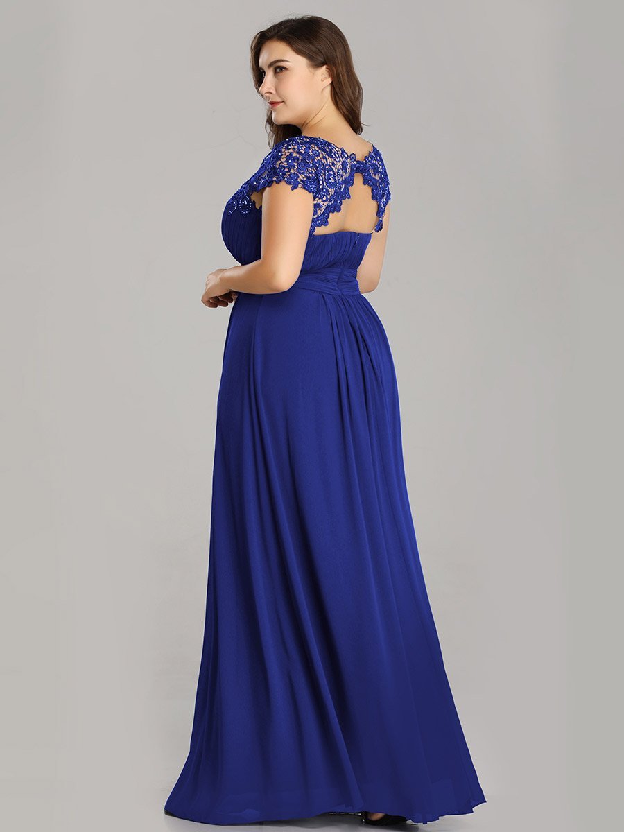 Color=Sapphire Blue | Lacey Neckline Open Back Ruched Bust Plus Size Evening Dresses-Sapphire Blue 2