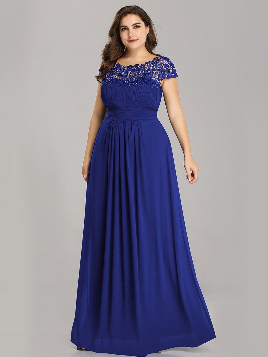 Color=Sapphire Blue | Lacey Neckline Open Back Ruched Bust Plus Size Evening Dresses-Sapphire Blue 3
