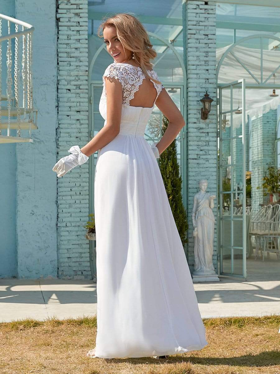 Color=White | Plain Pleated Chiffon Wedding Dress With Lace Decorations-White 2