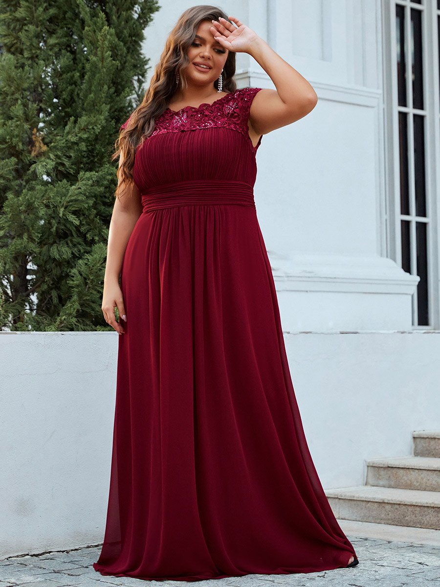 Color=Burgundy | Lacey Neckline Open Back Ruched Bust Plus Size Evening Dresses-Burgundy 1