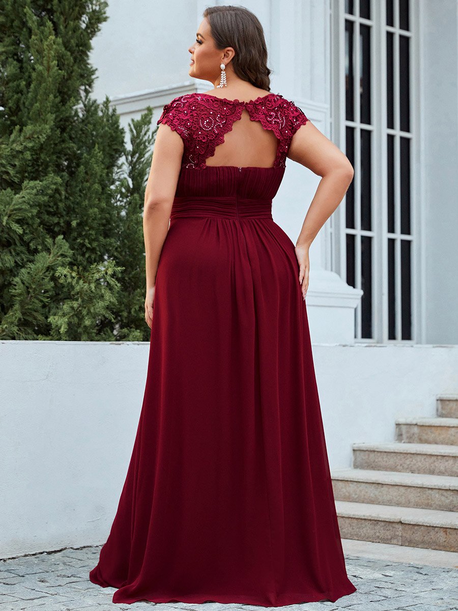 Color=Burgundy | Lacey Neckline Open Back Ruched Bust Plus Size Evening Dresses-Burgundy 2