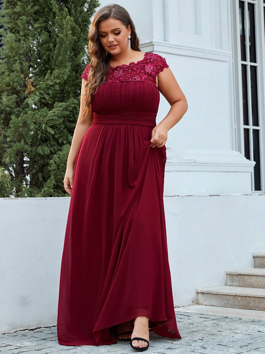 Color=Burgundy | Lacey Neckline Open Back Ruched Bust Plus Size Evening Dresses-Burgundy 3
