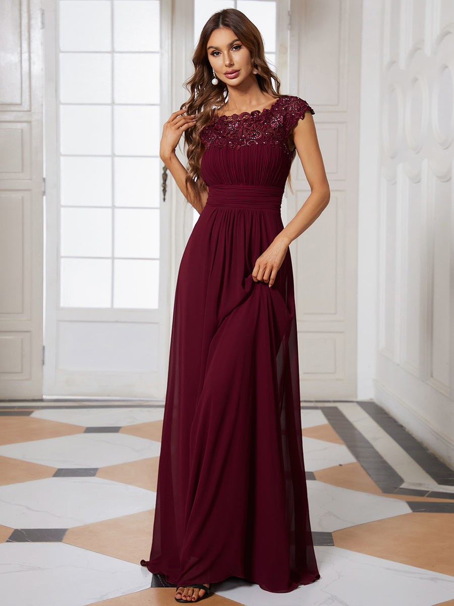 Color=Burgundy | Lacey Neckline Open Back Ruched Bust Evening Dresses-Burgundy 5