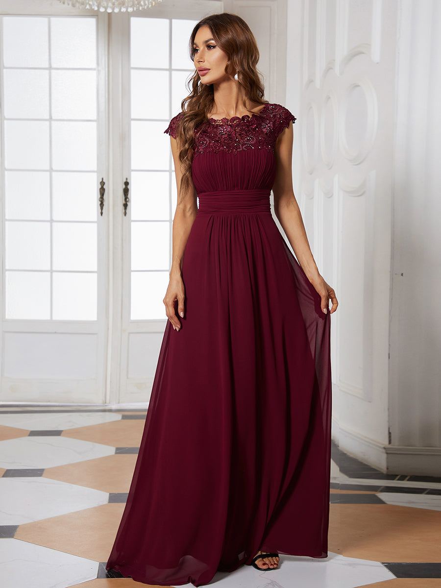 Color=Burgundy | Lacey Neckline Open Back Ruched Bust Evening Dresses-Burgundy 6