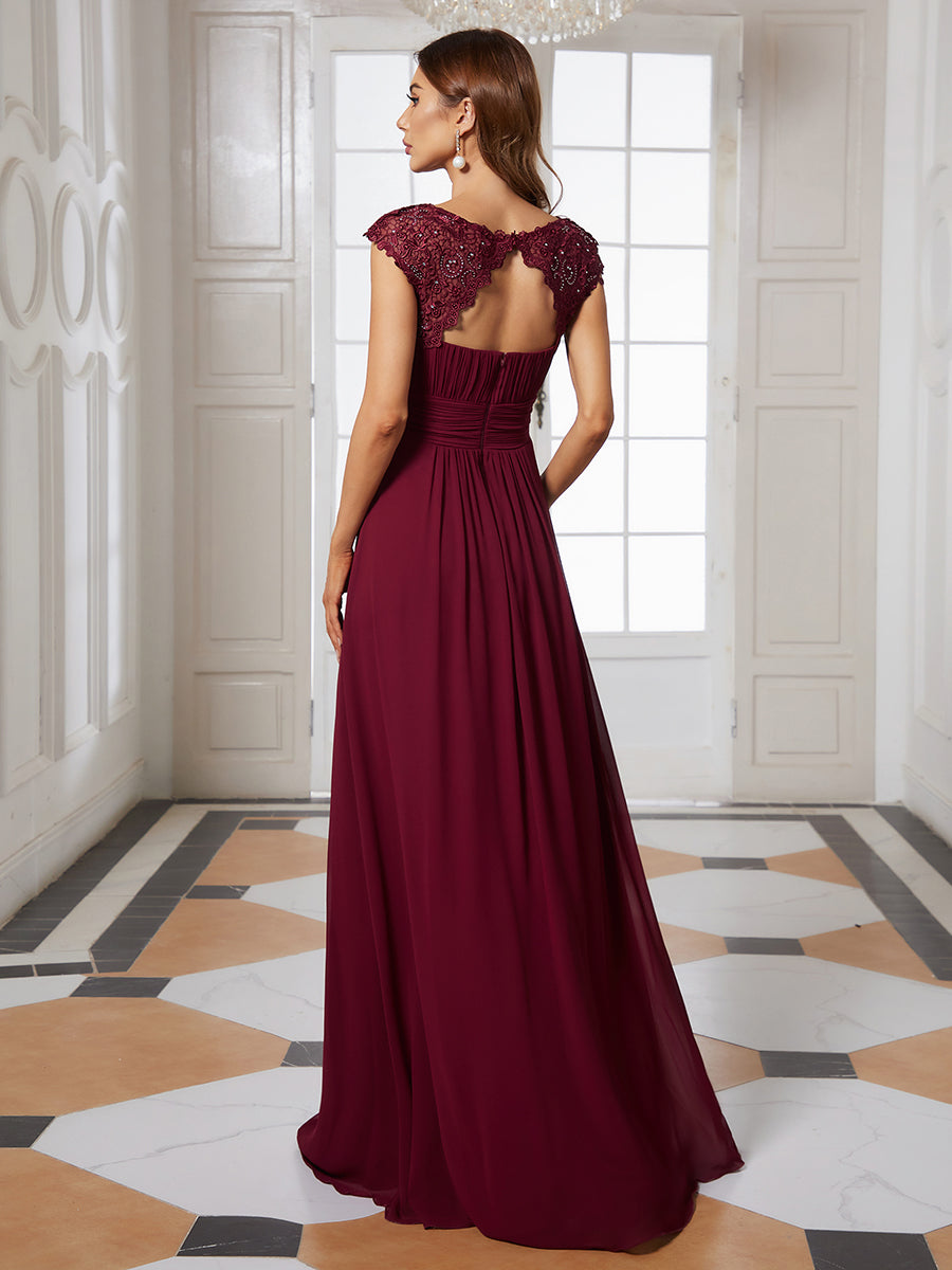 Color=Burgundy | Lacey Neckline Open Back Ruched Bust Evening Dresses-Burgundy 8