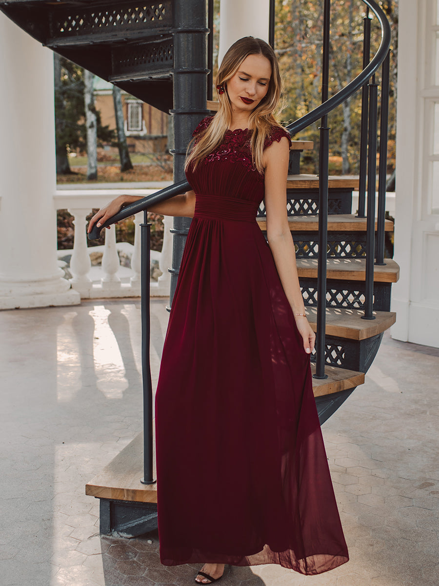 Color=Burgundy | Lacey Neckline Open Back Ruched Bust Evening Dresses-Burgundy 2