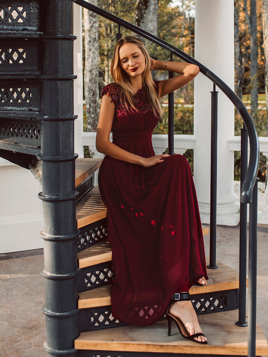 Color=Burgundy | Lacey Neckline Open Back Ruched Bust Evening Dresses-Burgundy 4