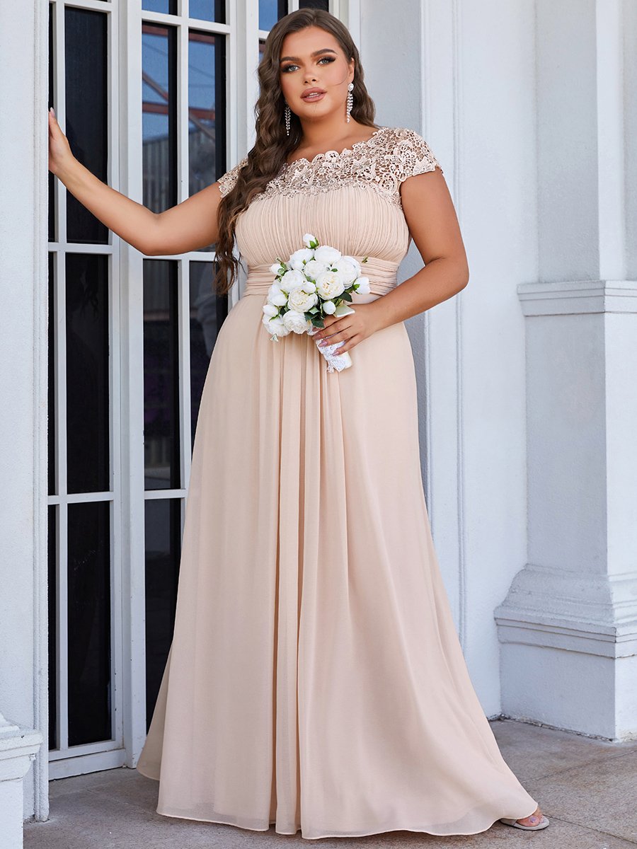 Color=Blush | Lacey Neckline Open Back Ruched Bust Plus Size Evening Dresses-Blush 3