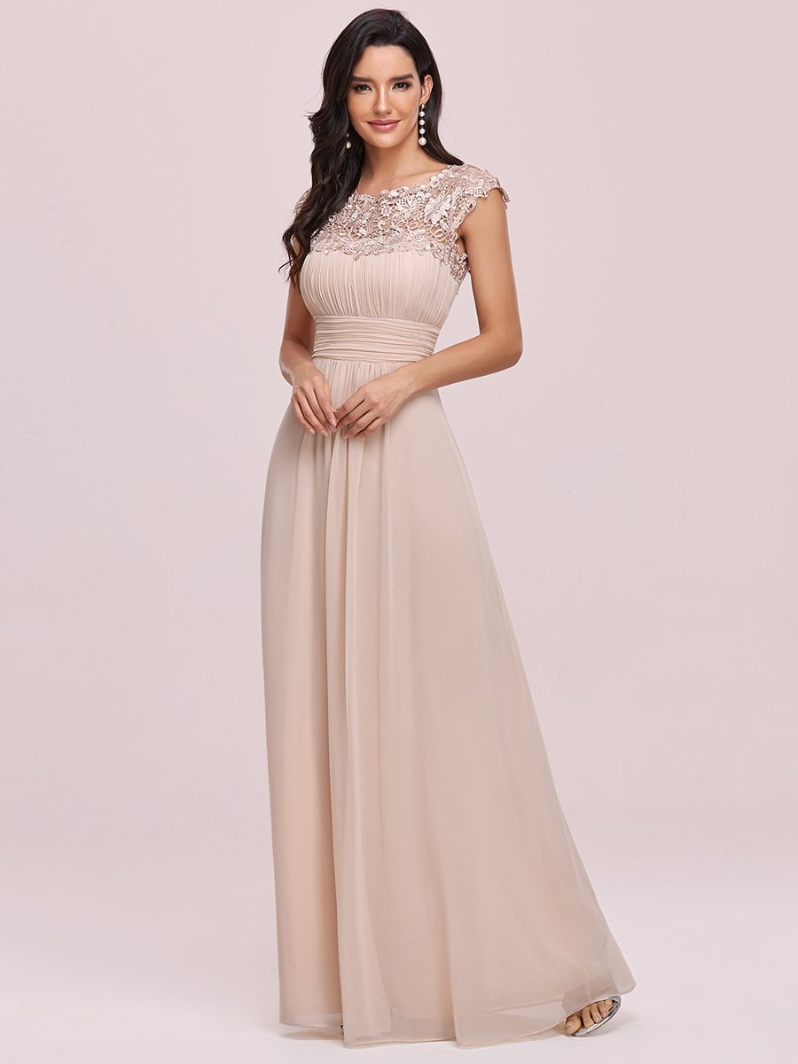 Color=Blush | Lacey Neckline Open Back Ruched Bust Evening Dresses-Blush 3