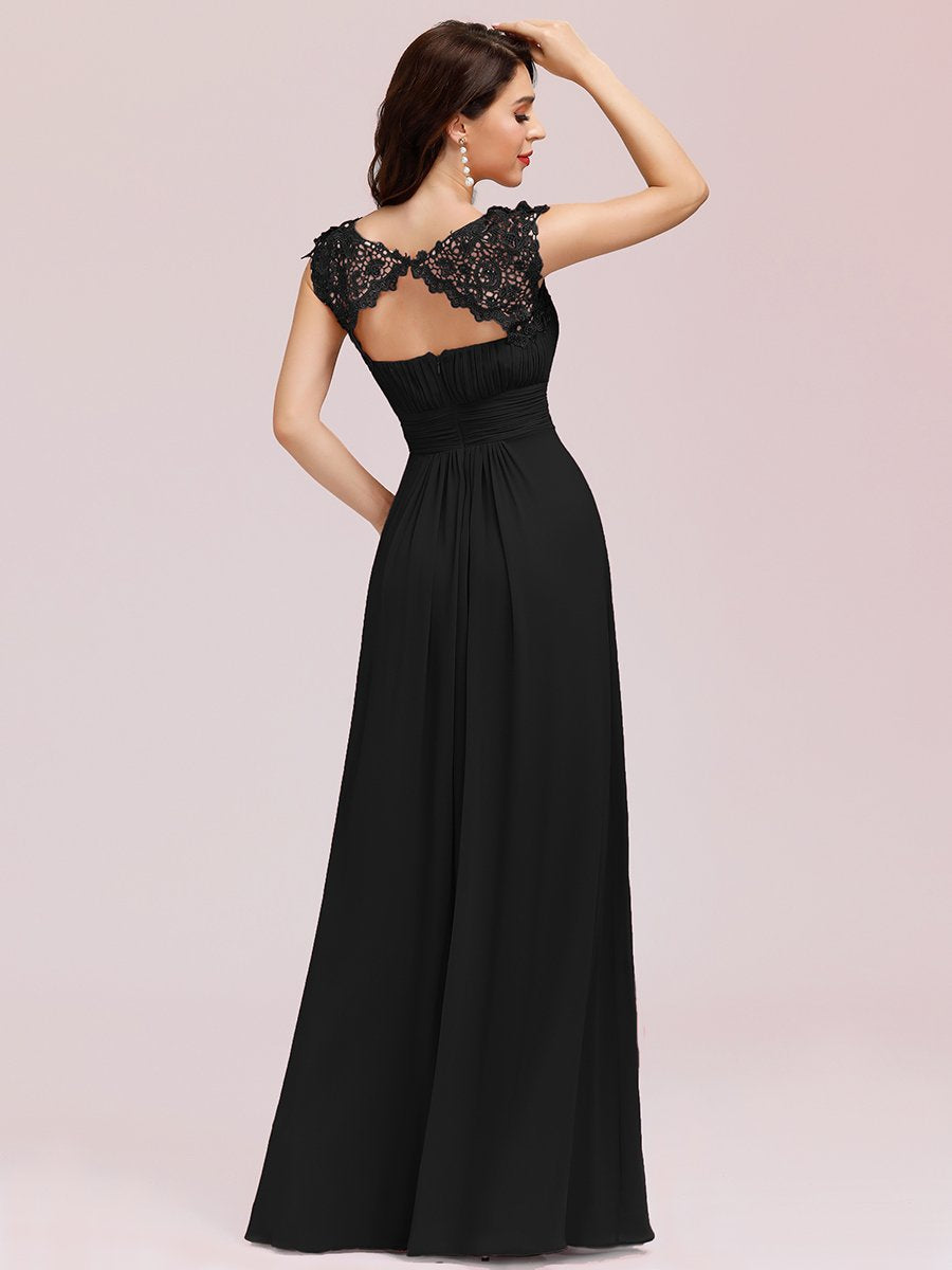 Color=Black | Lacey Neckline Open Back Ruched Bust Evening Dresses-Black 2