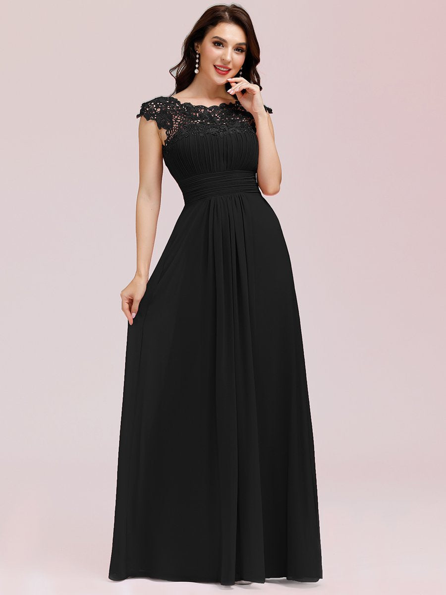 Color=Black | Lacey Neckline Open Back Ruched Bust Evening Dresses-Black 3