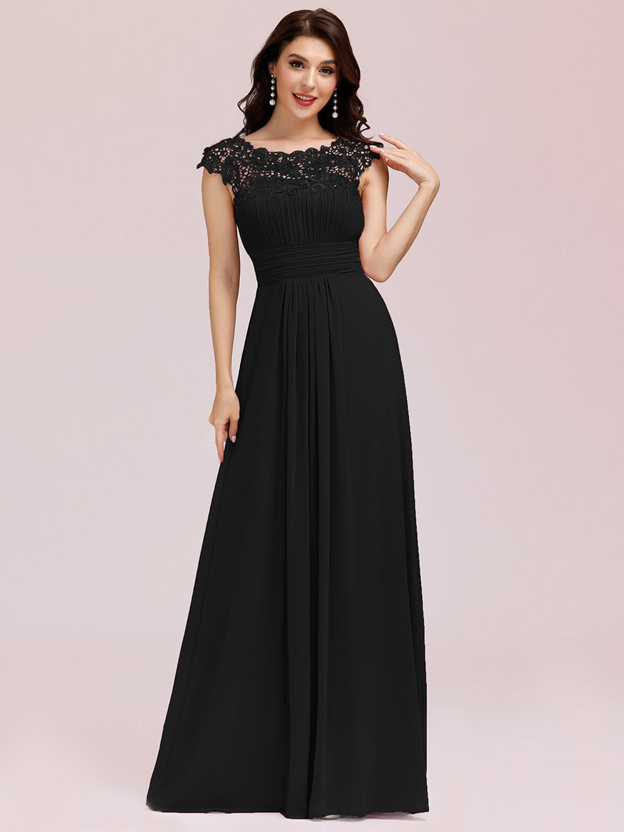Color=Black | Lacey Neckline Open Back Ruched Bust Evening Dresses-Black 4