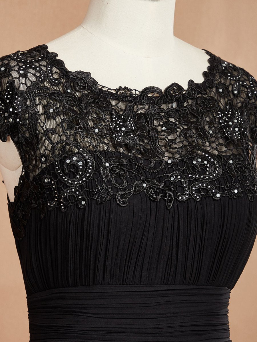 Color=Black | Lacey Neckline Open Back Ruched Bust Evening Dresses-Black 5